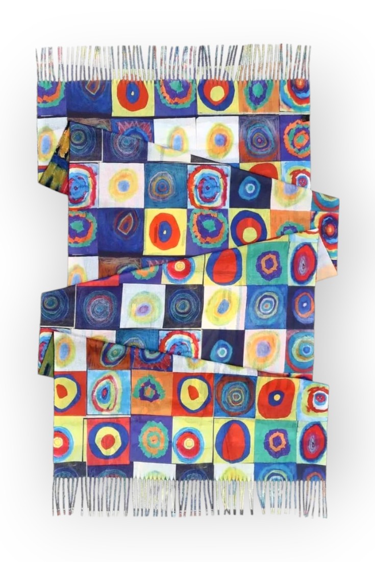 Eșarfă cu două fețe din cașmir și viscoză, cu imprimeu artistic în culori vibrante, inspirat din peisaje urbane abstracte.