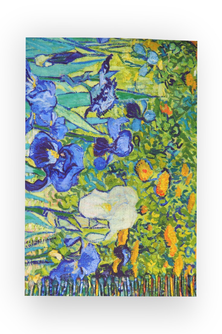 Eșarfă cu două fețe din cașmir și viscoză, cu imprimeu artistic reprezentând iriși violet pe fundal verde — All Above Boutique.
