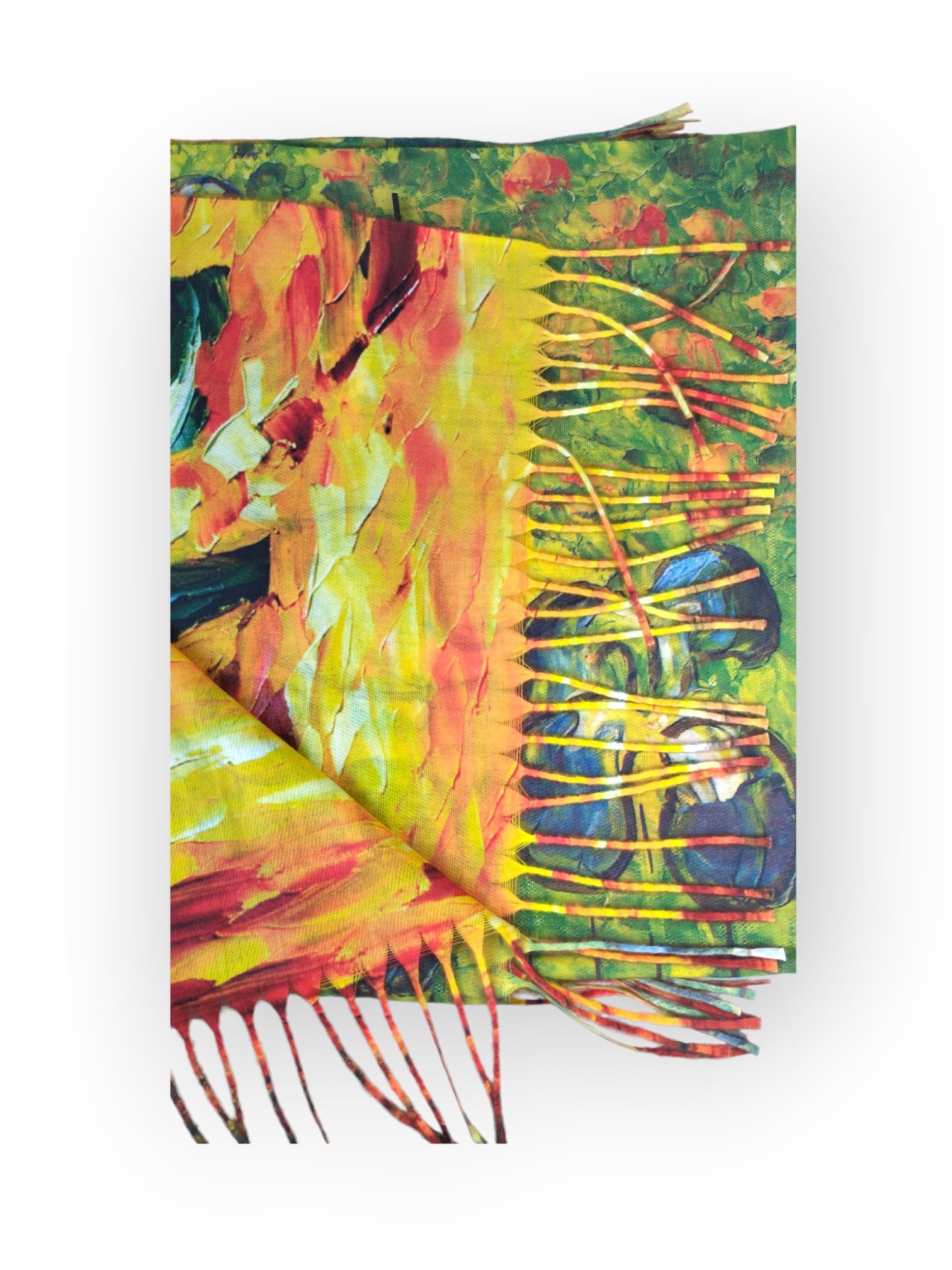 Eșarfă cu două fețe din cașmir și viscoză, imprimeu artistic în nuanțe de galben și albastru, inspirat din picturi celebre.