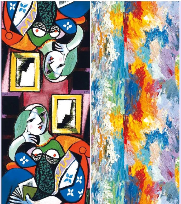 Eșarfă cu două fețe din cașmir și viscoză, cu imprimeu artistic inspirat din portrete cubiste și forme abstracte.