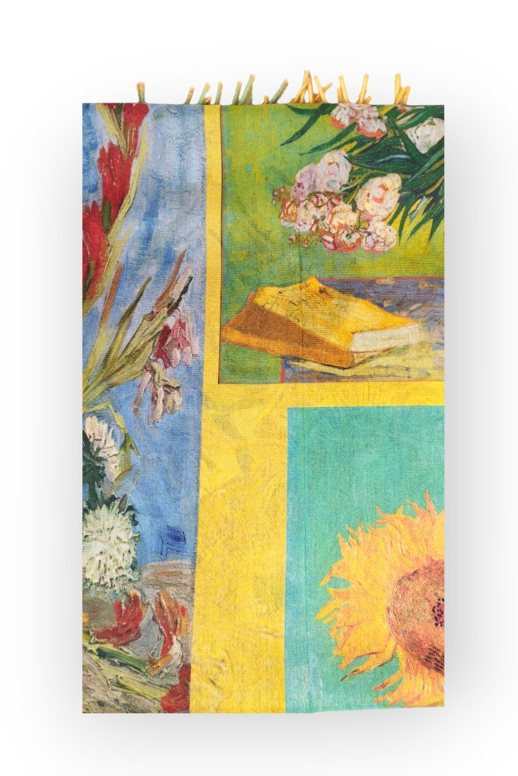 Eșarfă cu două fețe din cașmir și viscoză, cu imprimeu artistic reprezentând vaze cu flori pe o parte și floarea-soarelui pe cealaltă.