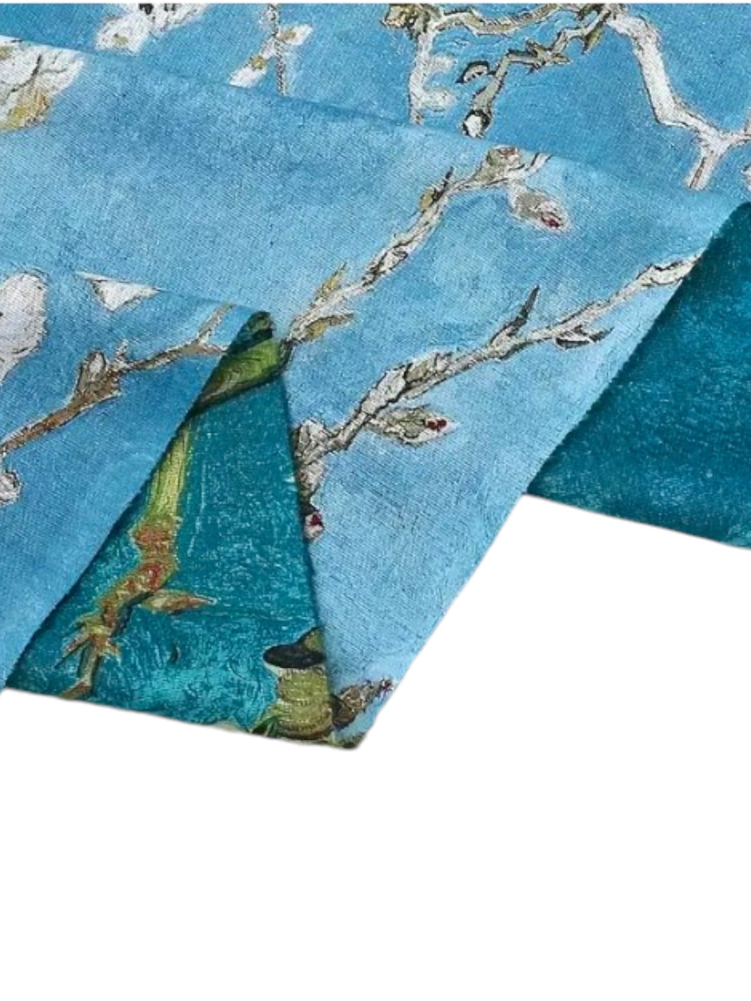 Eșarfă artistică din cașmir și viscoză, cu detalii florale și reflexe de apă, în tonuri de albastru.