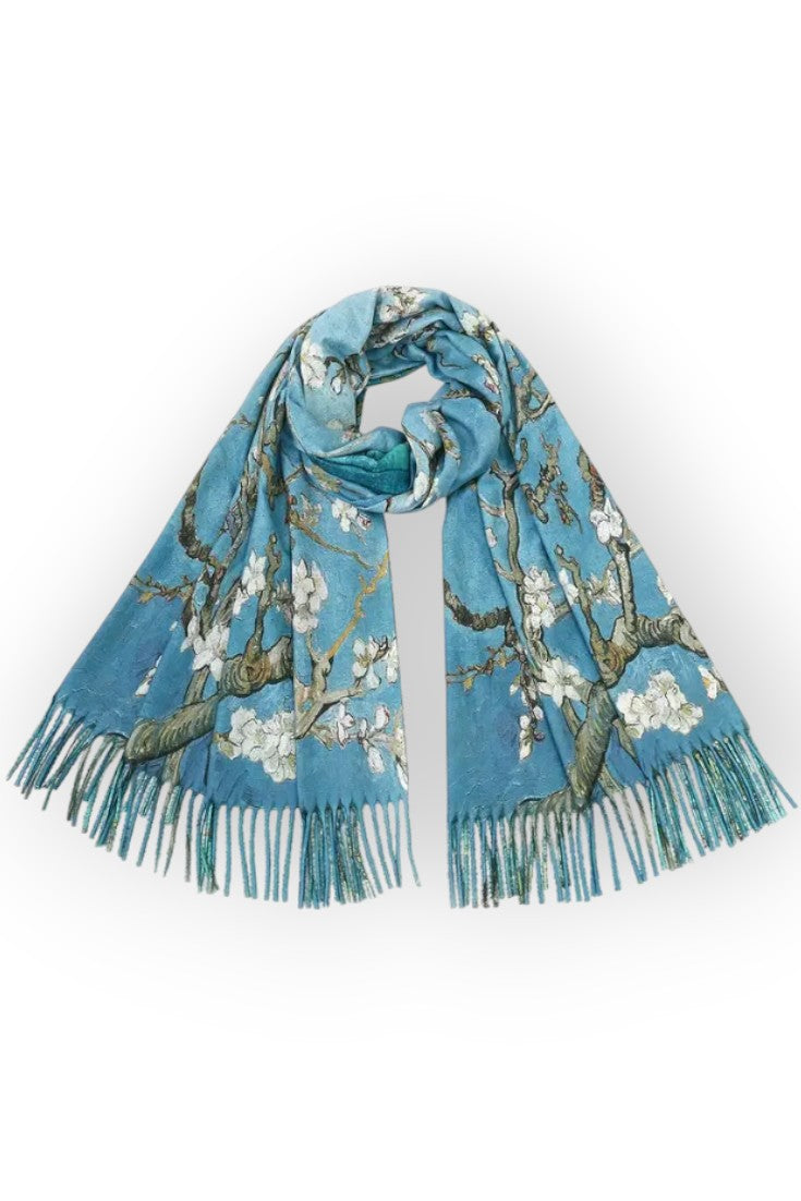 Eșarfă elegantă dublă față din cașmir și viscoză, cu imprimeu artistic inspirat din picturi celebre