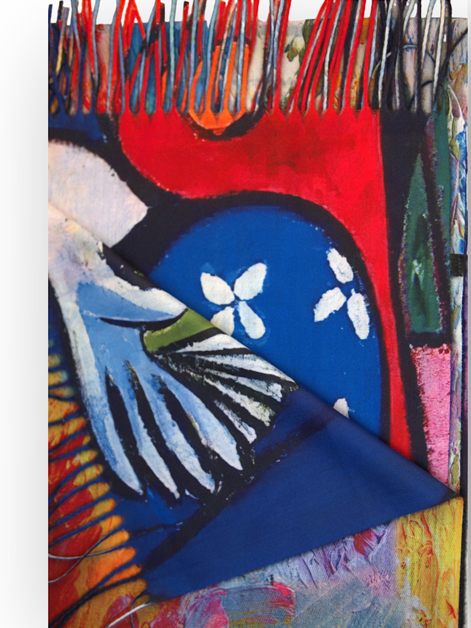 Eșarfă artistică din cașmir și viscoză, cu portrete stilizate și forme geometrice colorate.