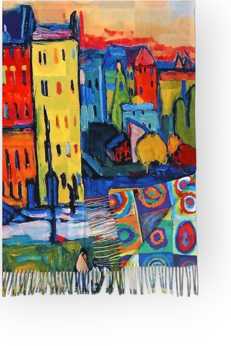 Eșarfă elegantă cu imprimeu pe ambele fețe, cu forme geometrice colorate în albastru și galben.