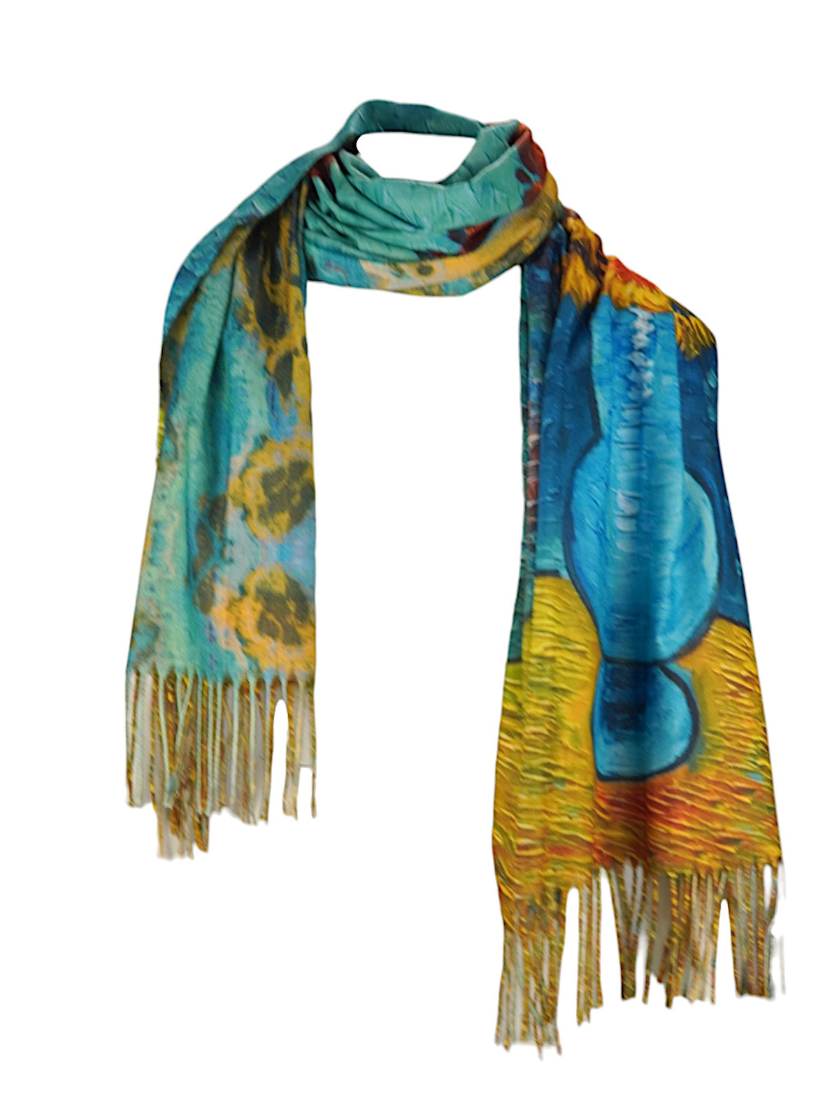 Eșarfă elegantă cu imprimeu artistic pe ambele fețe, inspirată dintr-o vază albastră cu flori galbene.