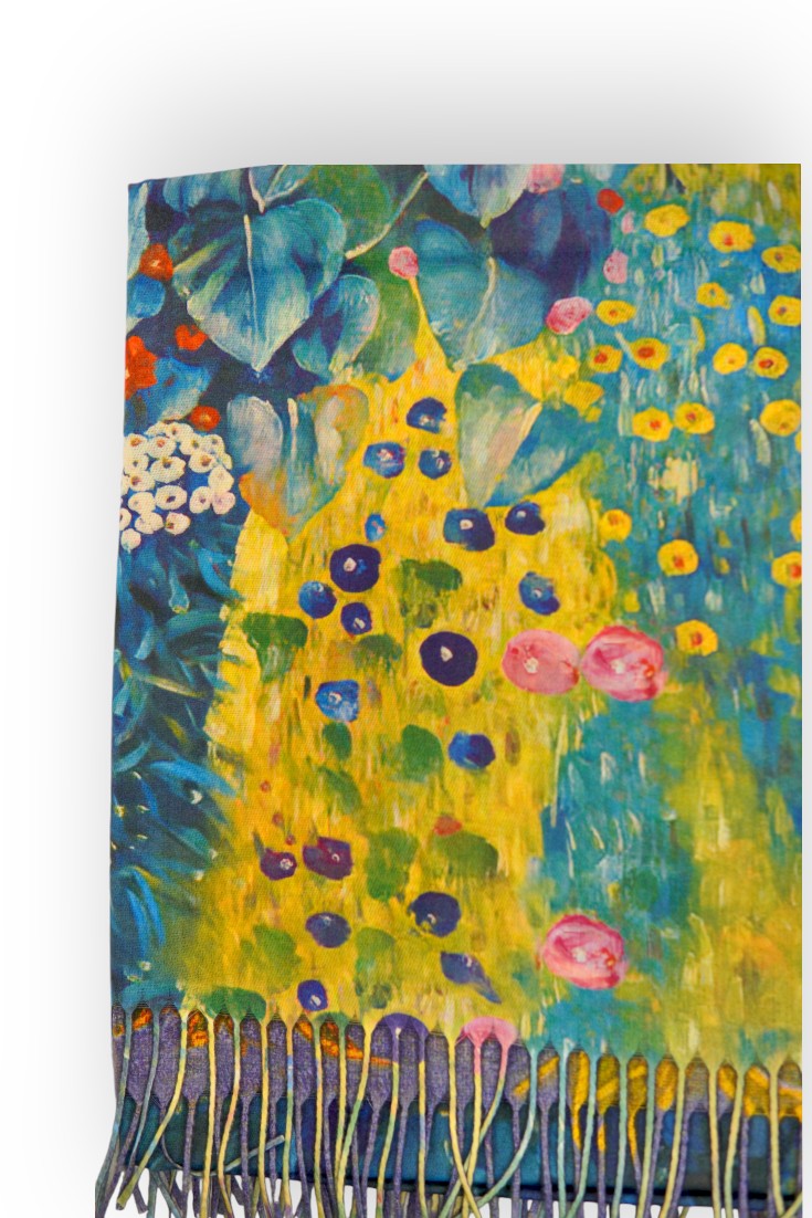 Eșarfă elegantă cu imprimeu floral pe ambele fețe, vaze cu flori și floarea-soarelui în culori vibrante.