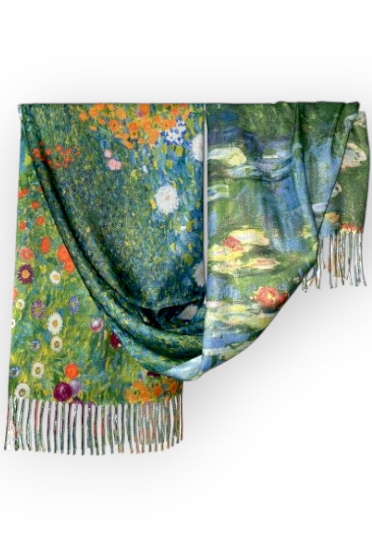 Prim-plan imprimeu artistic cu nuferi, inspirat de „Water Lilies”