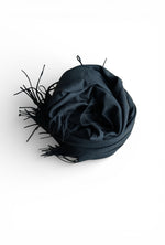 Eșarfă negru, cu franjuri delicate, purtată clasic peste un pulover neutru, într-o compoziție echilibrată și atemporală.