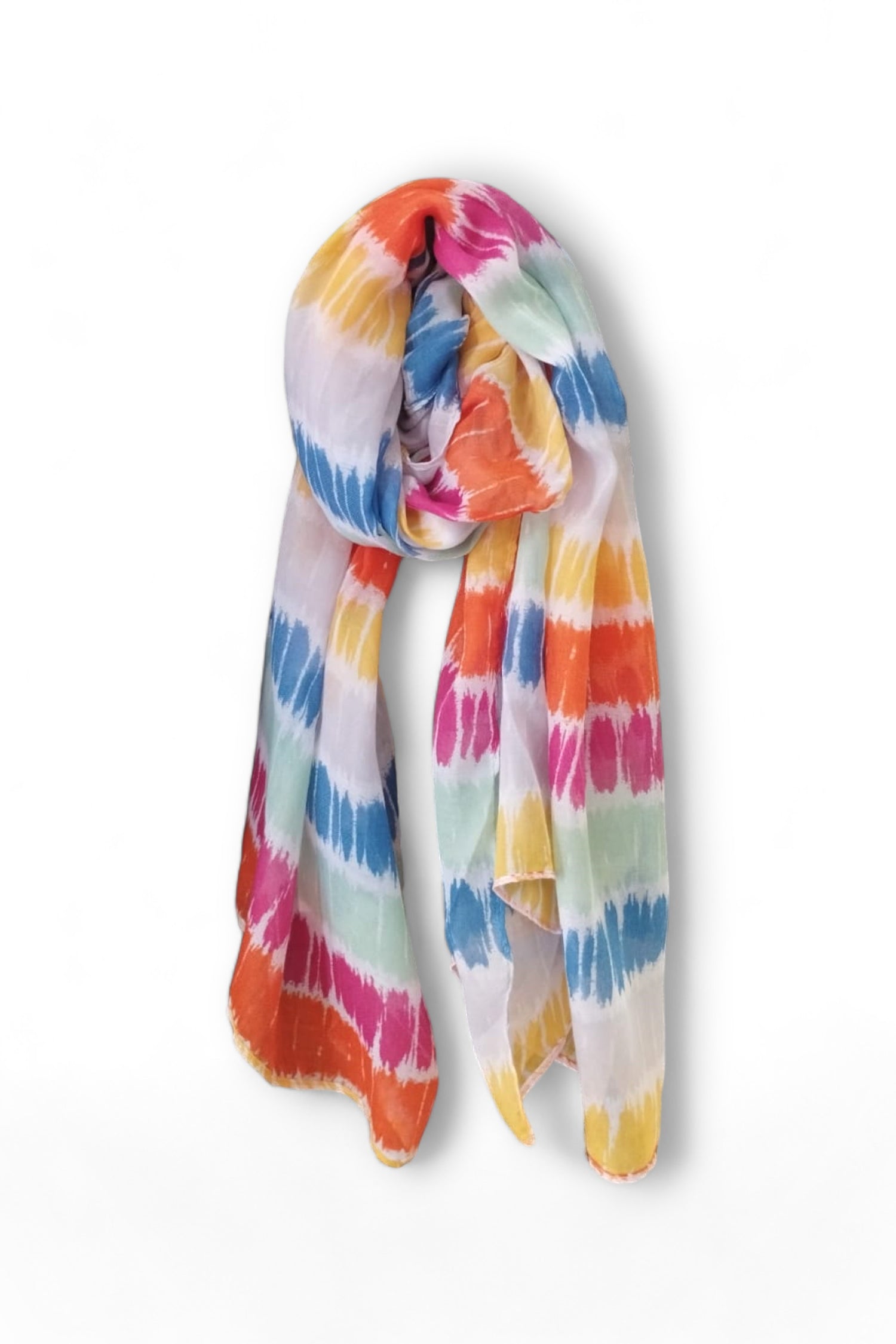 Eșarfă din 100% viscoză cu imprimeu tie dye multicolor în albastru, portocaliu și galben.