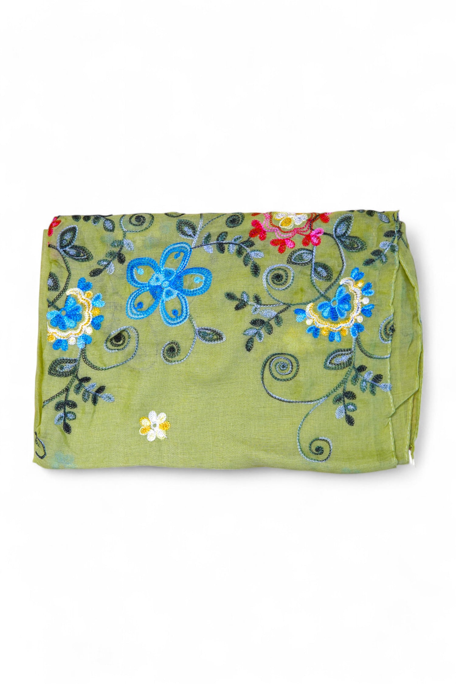 Eșarfă verde deschis din vâscoză 100%, cu detalii florale brodate.