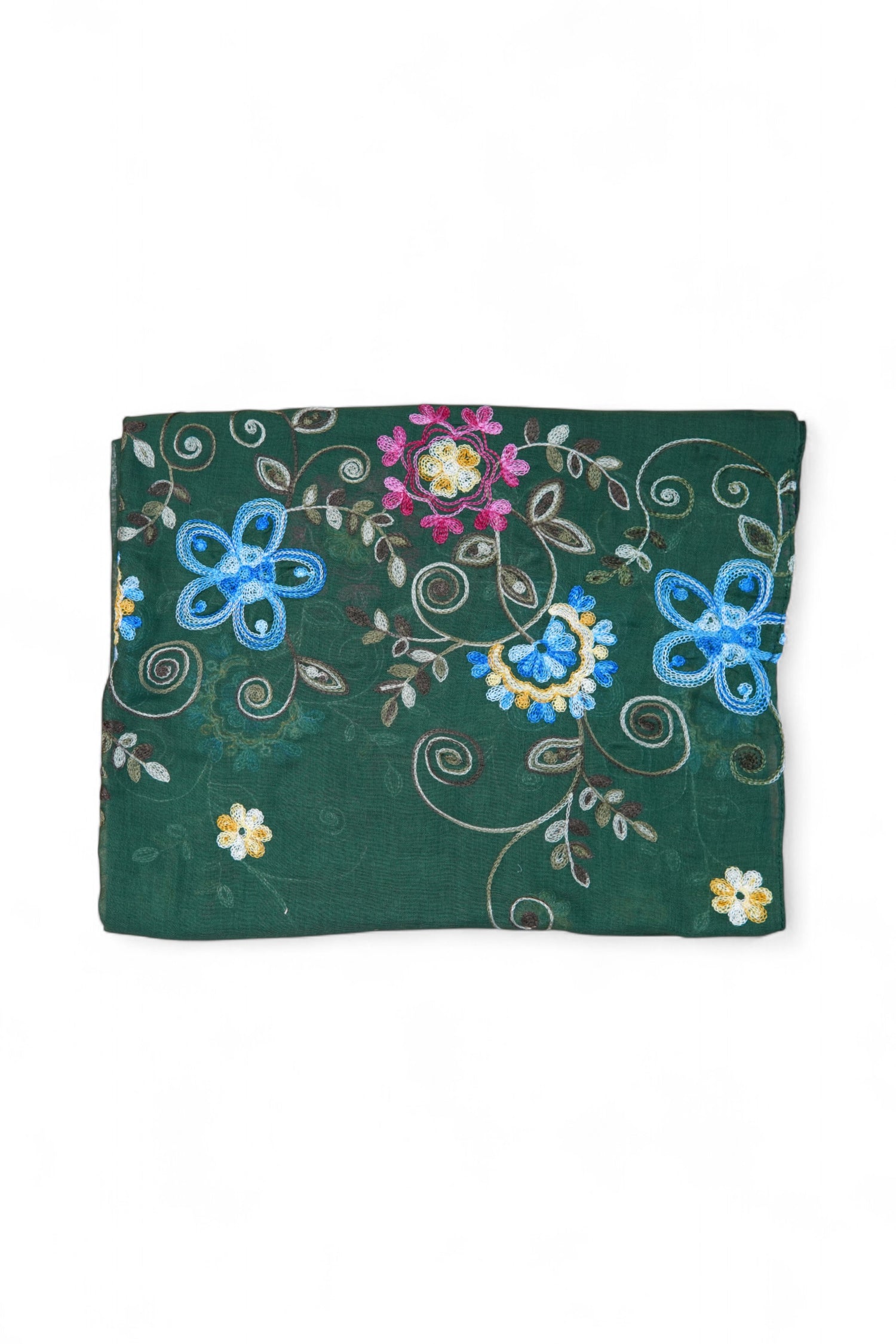 Eșarfă verde închis din vâscoză 100%, cu broderii florale.