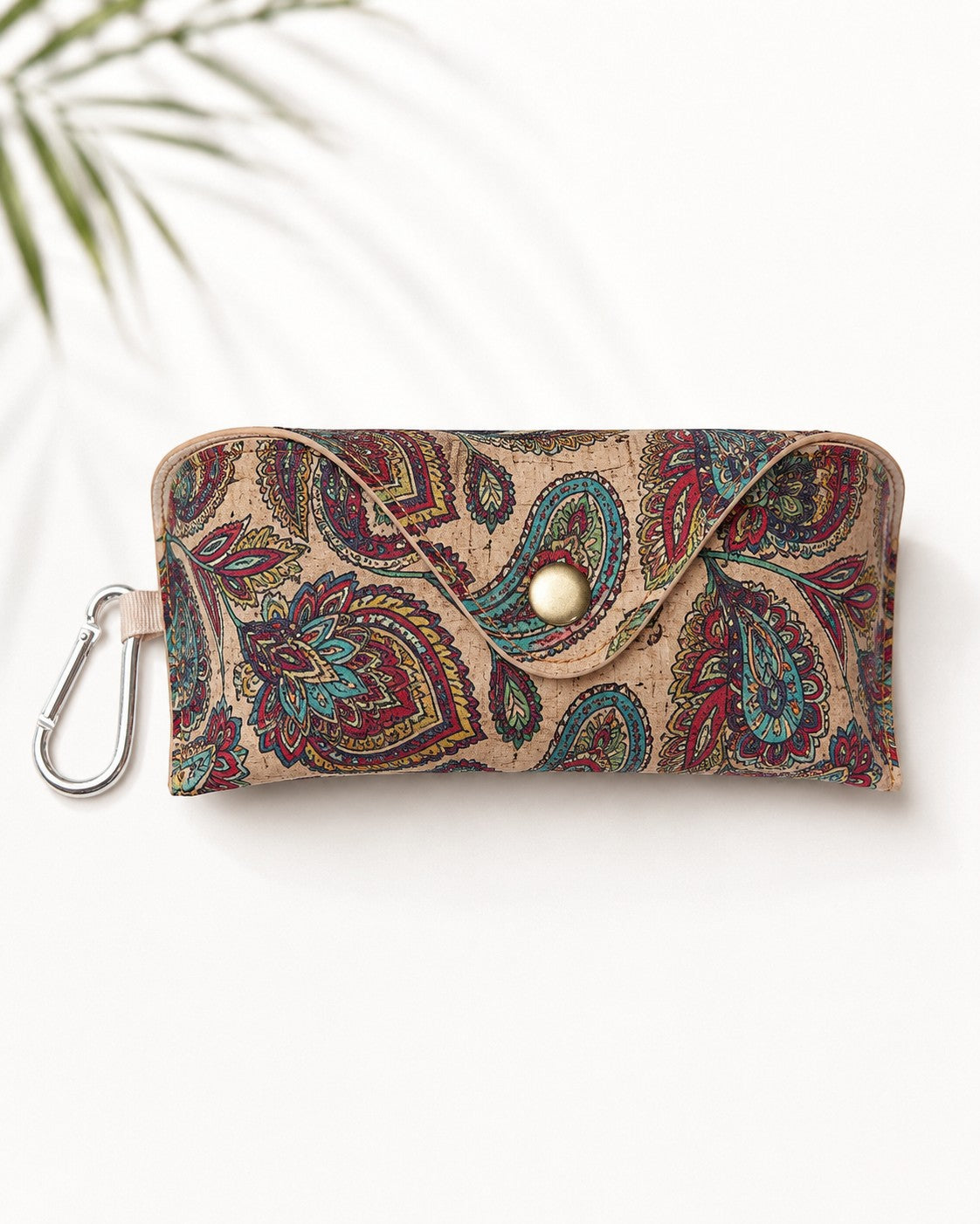 Etui pentru ochelari din plută cu imprimeu floral, închidere cu capsă metalică auriu antichizat.