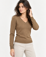 Bluză mulată camel cu decolteu în V din amestec cu lână și cașmir, purtată cu pantaloni crem - All Above Boutique
