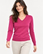Bluză mulată fucsia cu decolteu în V din amestec cu lână și cașmir, purtată cu pantaloni crem - All Above Boutique