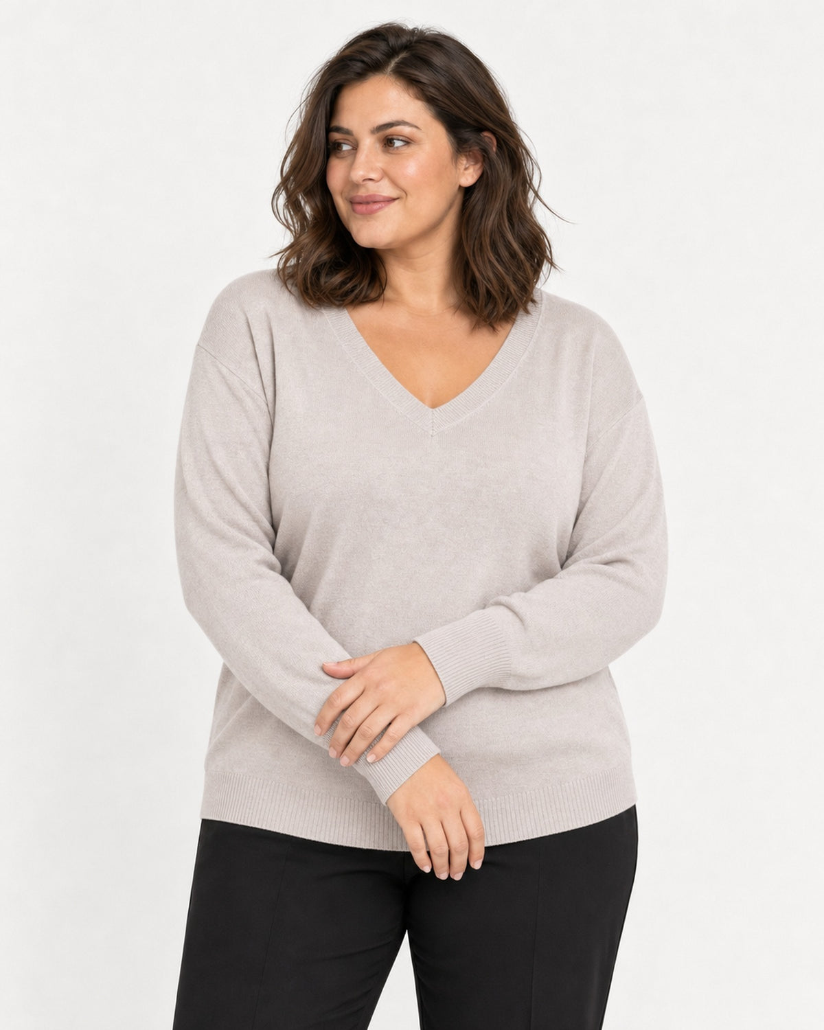 Bluză ecru cu decolteu în V din amestec cu lână și cașmir, mărime L - XL, vedere din față - All Above Boutique