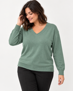 Bluză verde acvamarin cu decolteu în V din amestec cu lână și cașmir, mărime L - XL, vedere din față - All Above Boutique