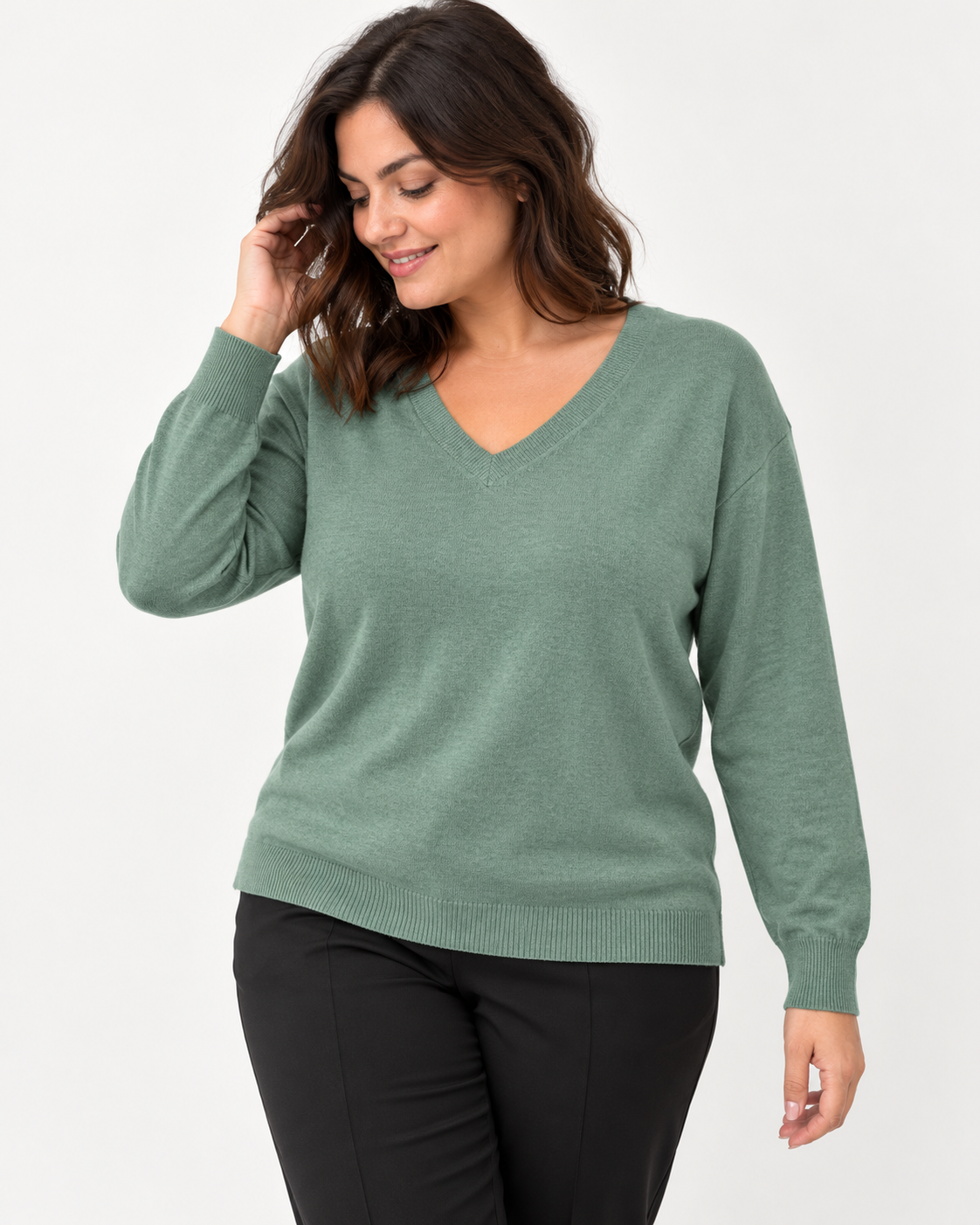 Bluză verde acvamarin cu decolteu în V din amestec cu lână și cașmir, mărime L - XL, vedere din față - All Above Boutique