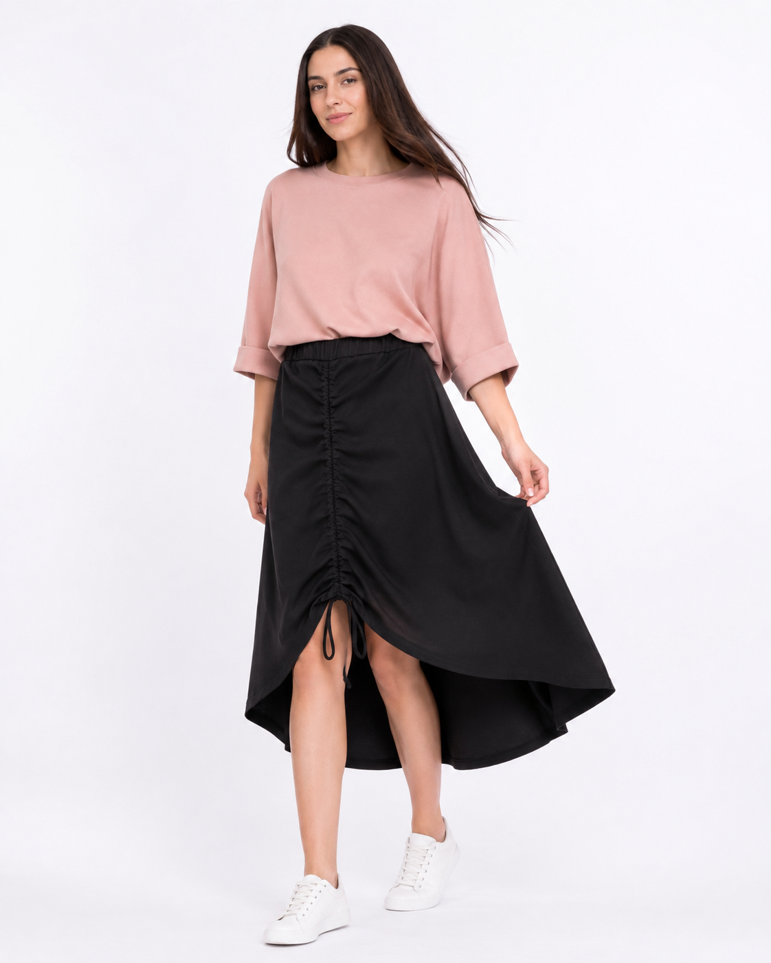 Fustă din jerse subțire cu șnur dublu frontal, nuanța negru, All Above Boutique.