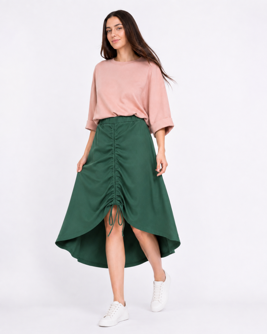 Fustă din jerse subțire cu șnur dublu frontal, nuanța verde închis, All Above Boutique.