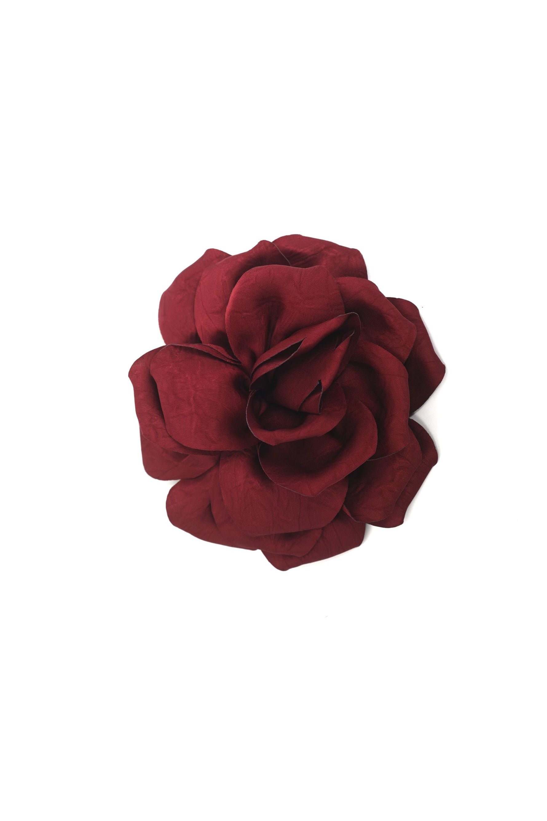 Floare satinată bordo, cu petale bine definite și volum echilibrat.