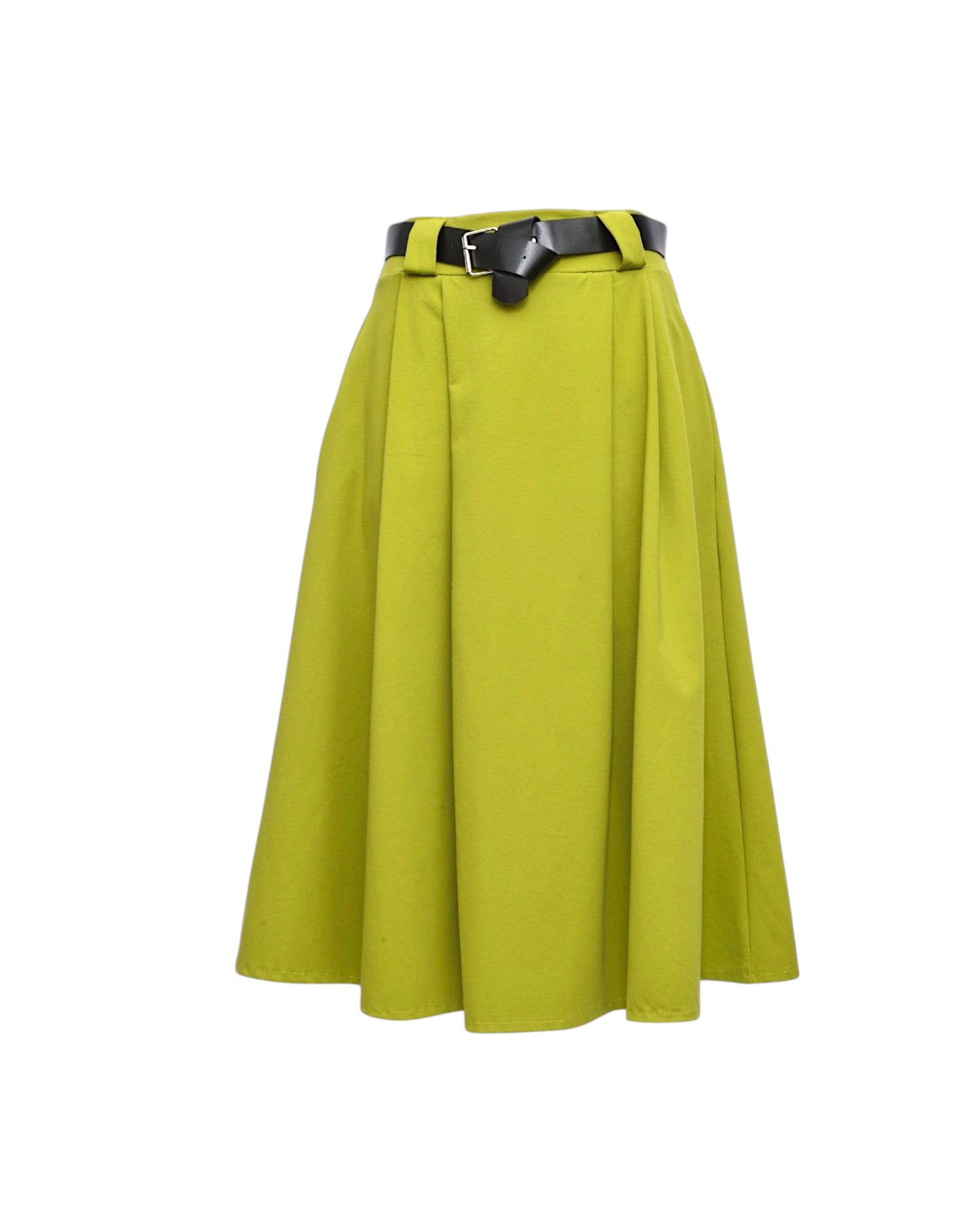 Fustă midi verde lime cu curea inclusă, vedere din față pe fundal alb.