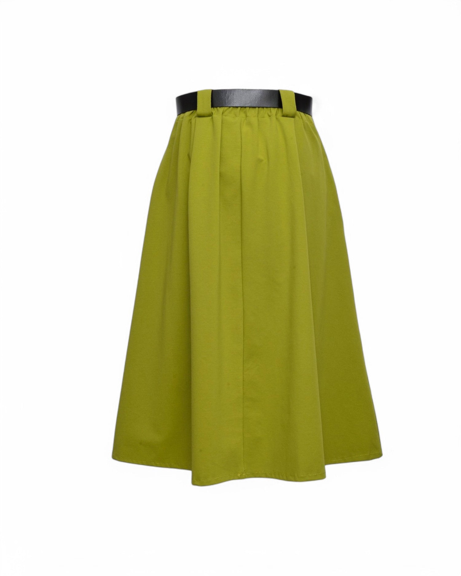 Fustă midi verde deschis cu talie ajustabilă și curea, vedere din spate.