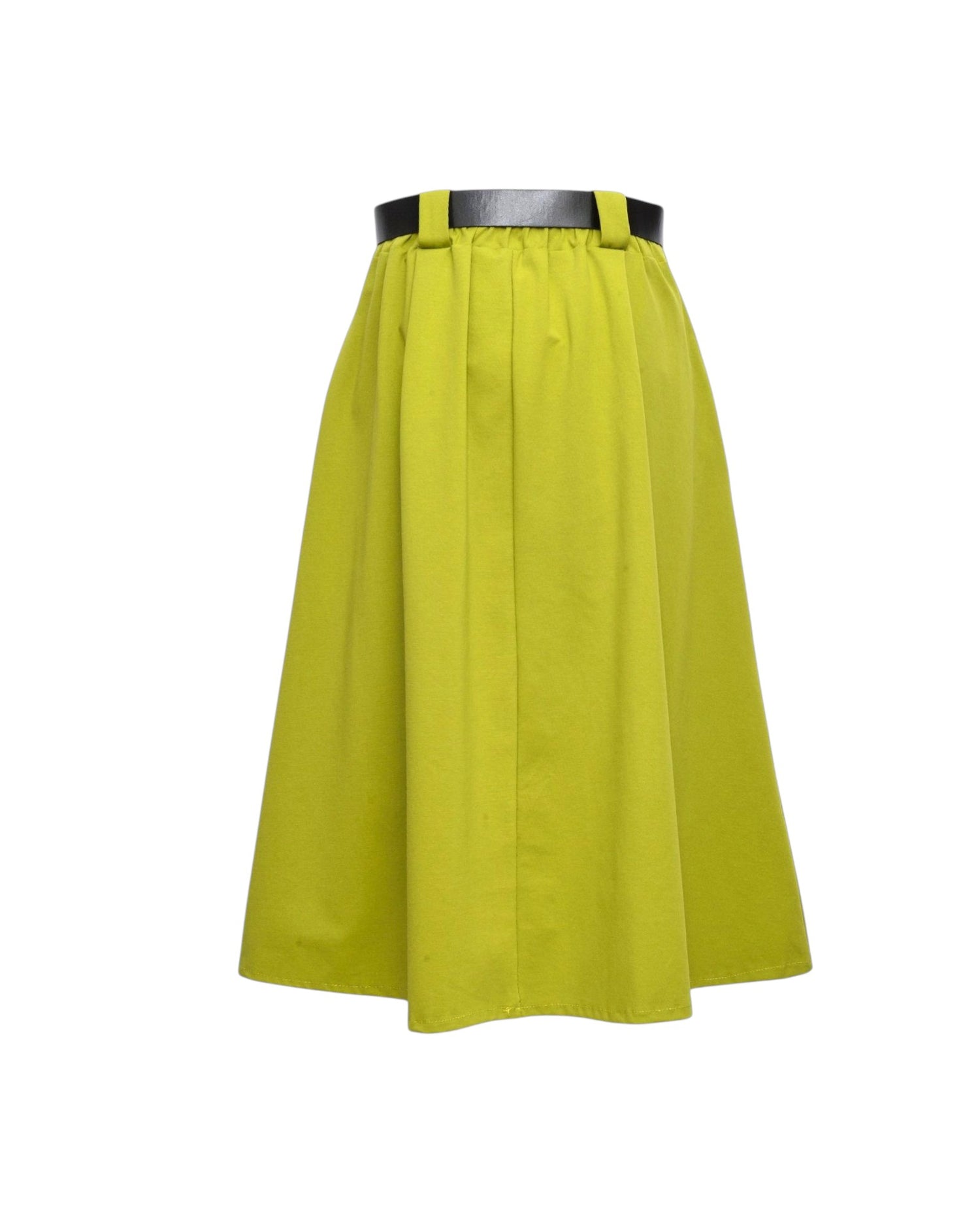 Fustă midi verde lime cu curea inclusă, vedere din spate pe fundal alb.