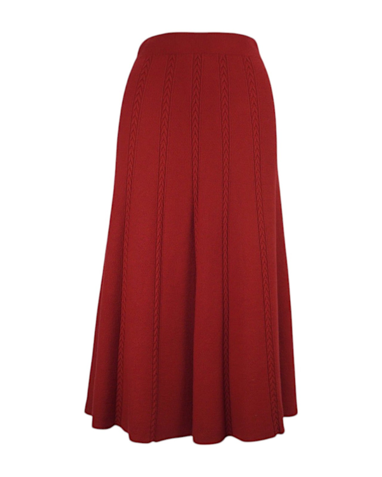 Fustă clos din tricot gros, de culoare roșie, cu design elegant și textură împletită.