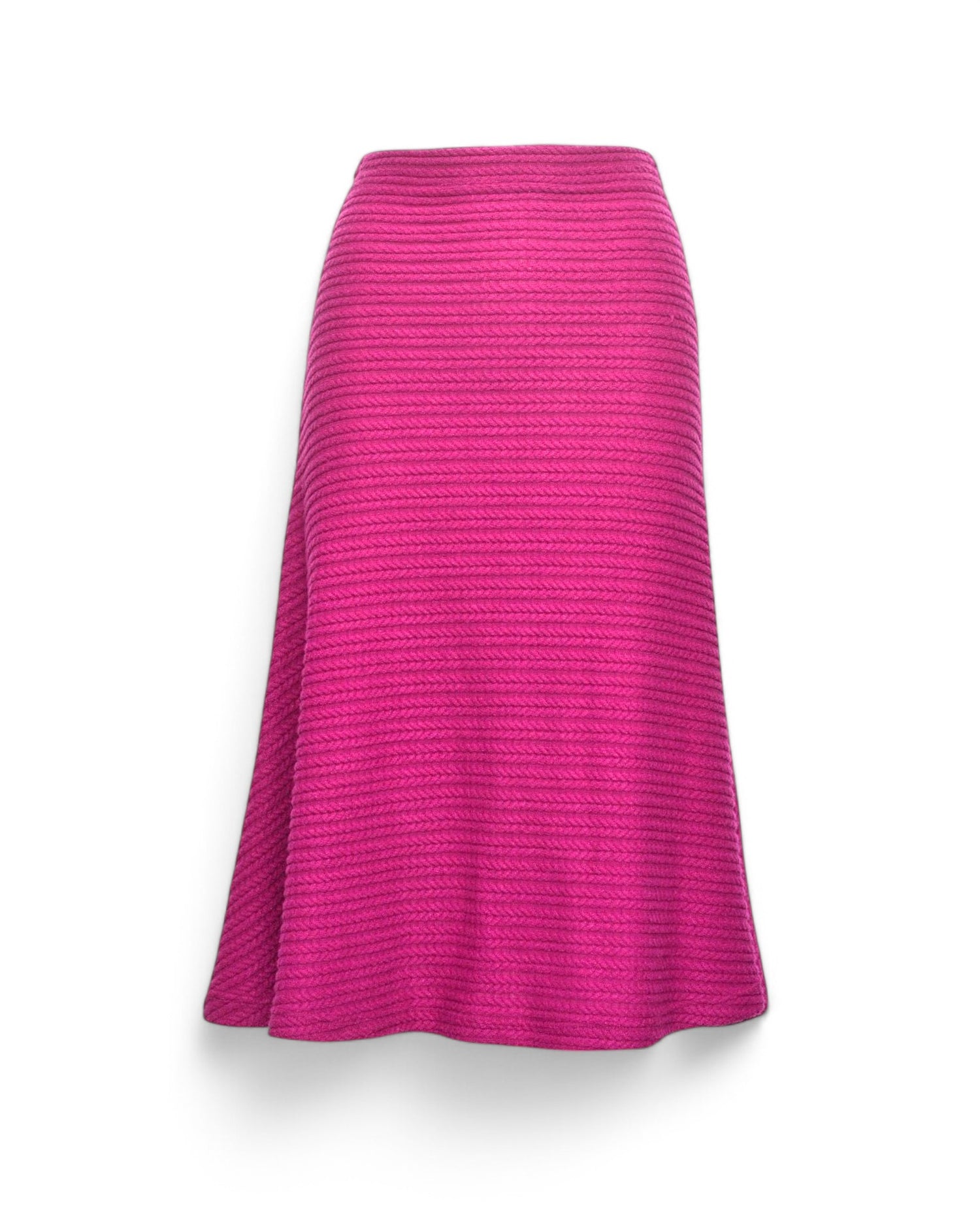 Fustă evazată roz-fucsia din jerseu reliefat cu model zig-zag, văzută din față.