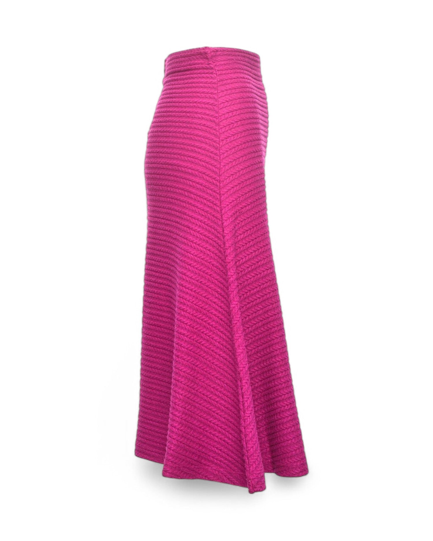 Fustă evazată roz-fucsia din jerseu reliefat cu model zig-zag, văzută din lateral.