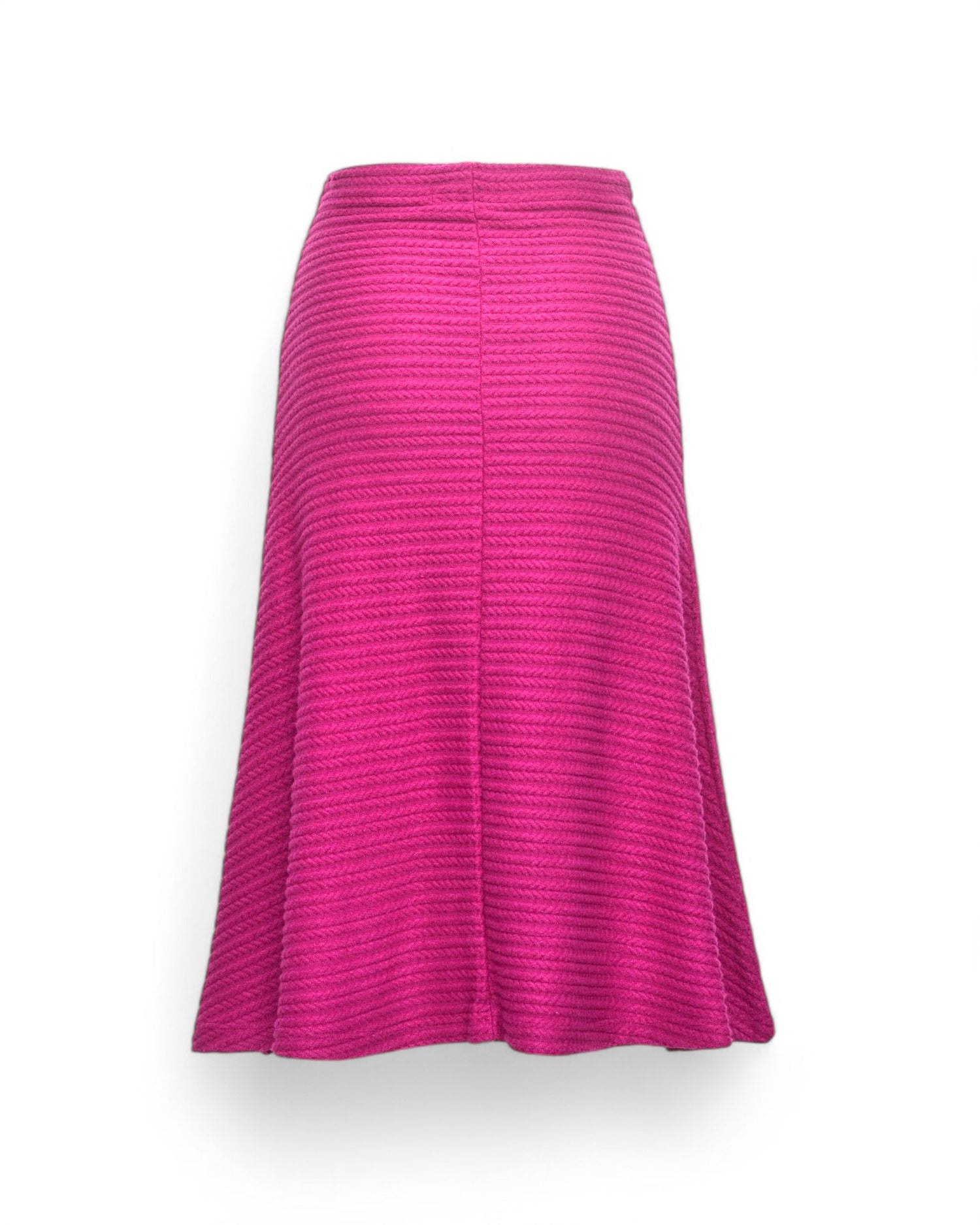 Fustă evazată roz-fucsia din jerseu reliefat cu model zig-zag, văzută din spate.