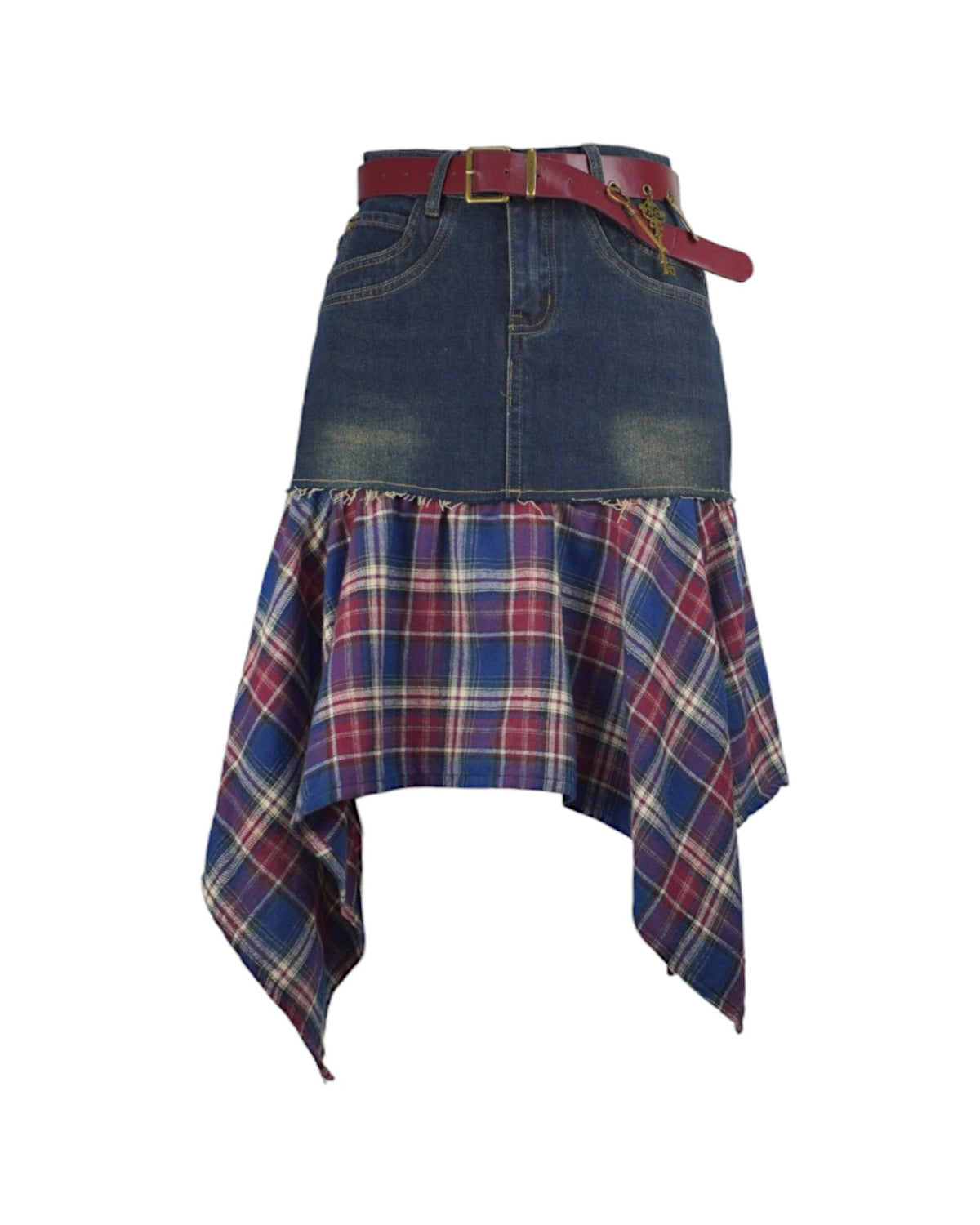  Fustă scurtă din denim albastru cu inserții din material cu carouri roșii și albastre, vedere din față.