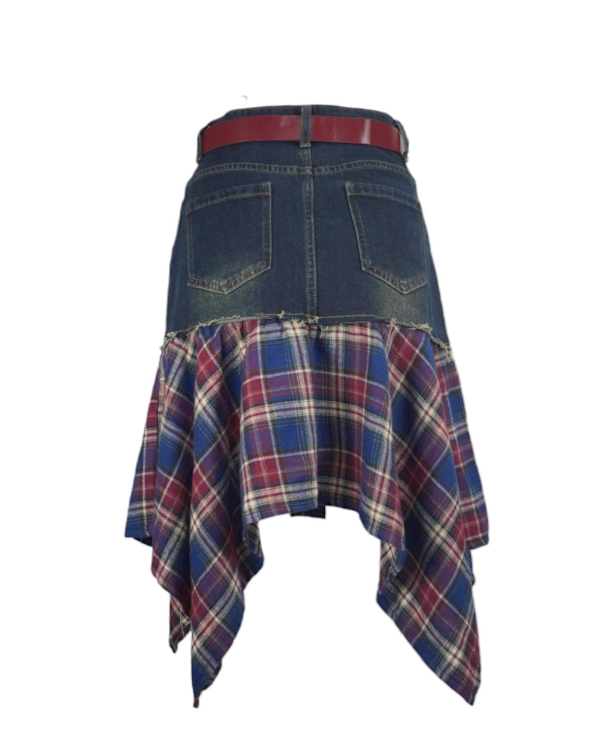Fustă din denim albastru cu detalii carouri la bază, design asimetric, vedere din spate.