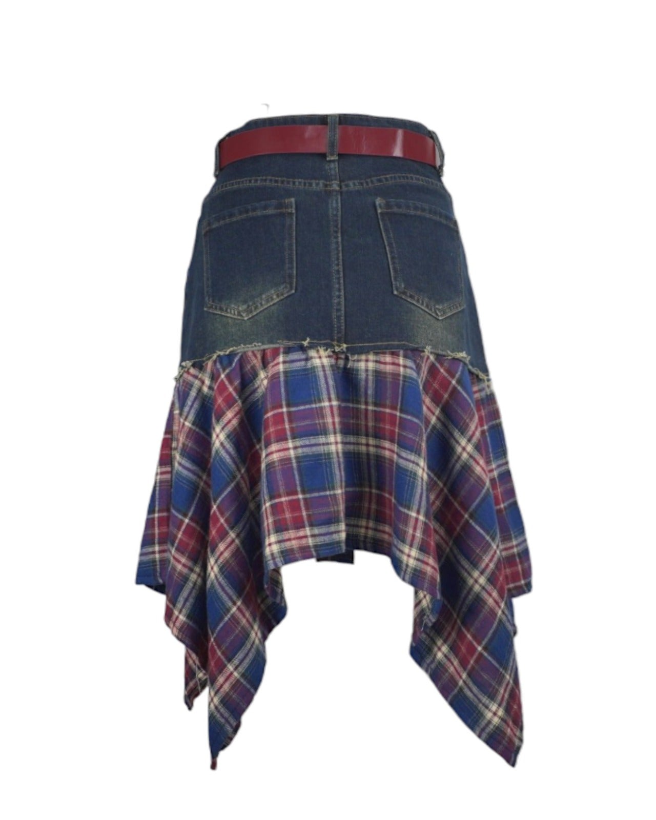 Fustă din denim albastru cu detalii carouri la bază, design asimetric, vedere din spate.