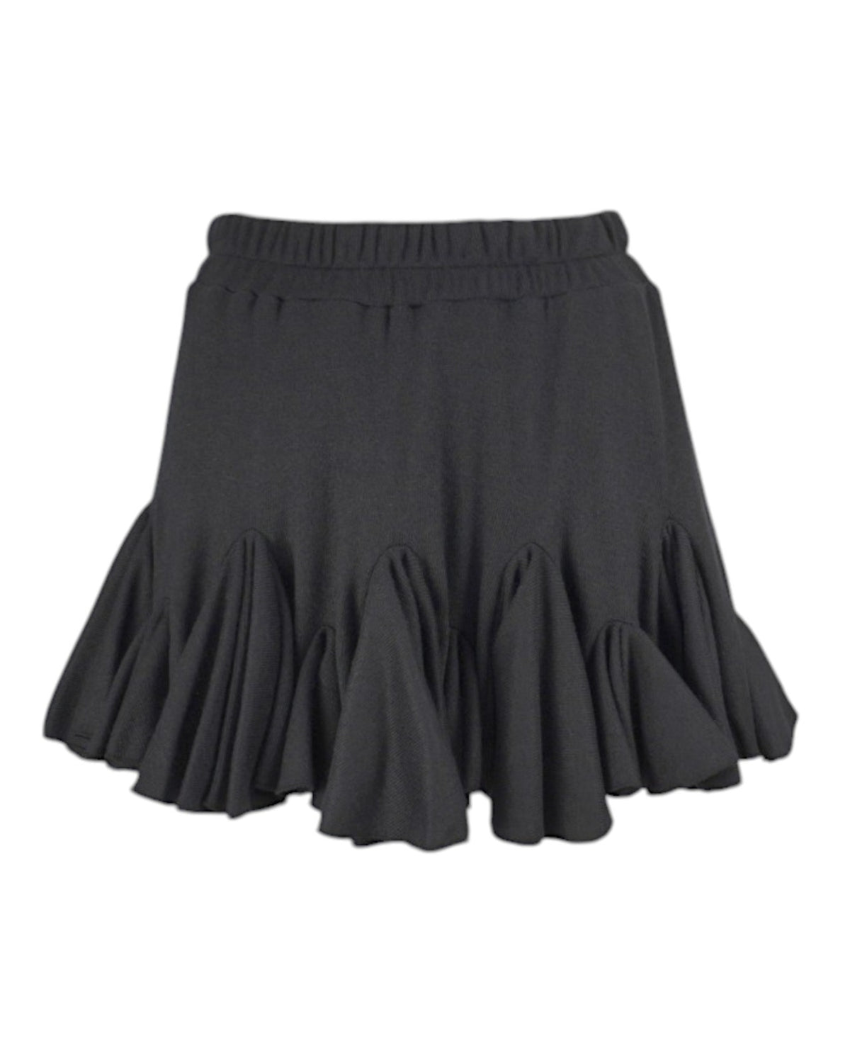 Fustă scurtă din jerse negru, cu talie elastică și design voluminos, vedere din față.