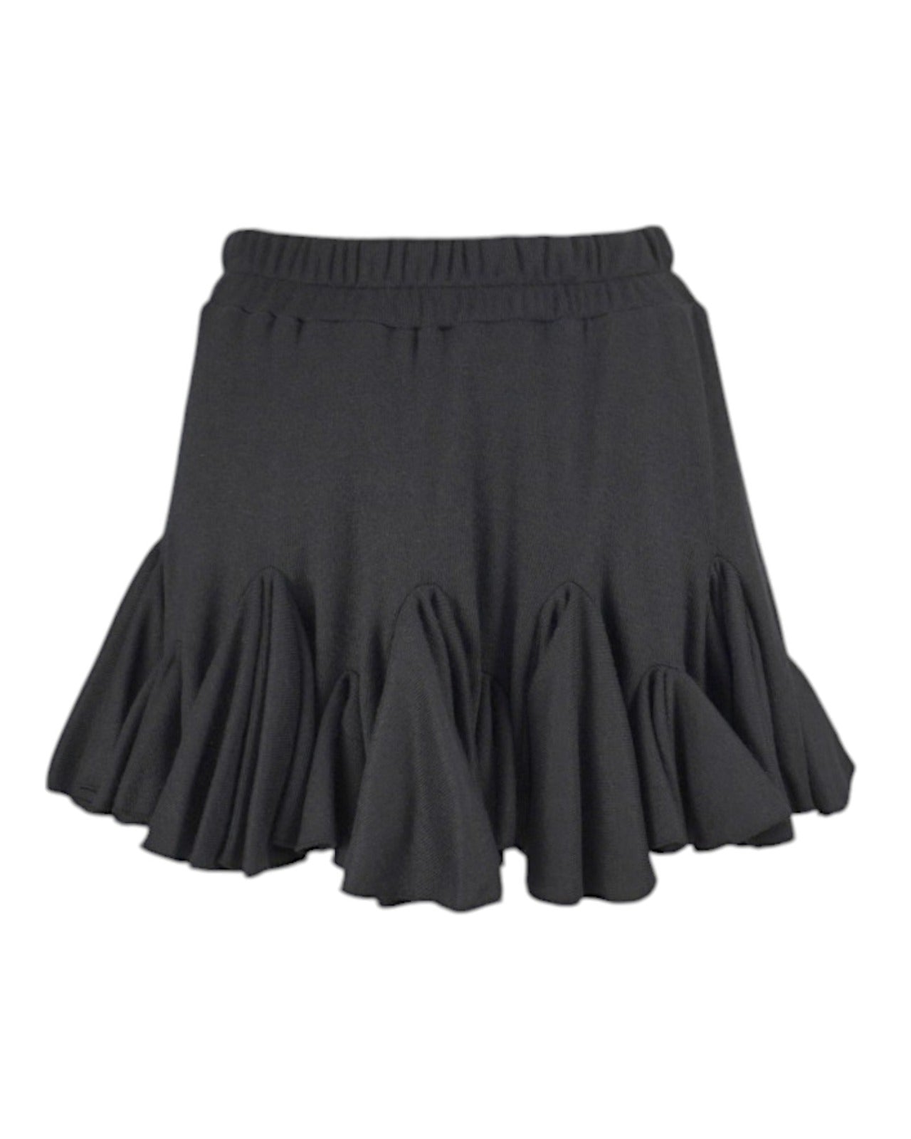 Fustă scurtă din jerse negru, cu talie elastică și design voluminos, vedere din față.
