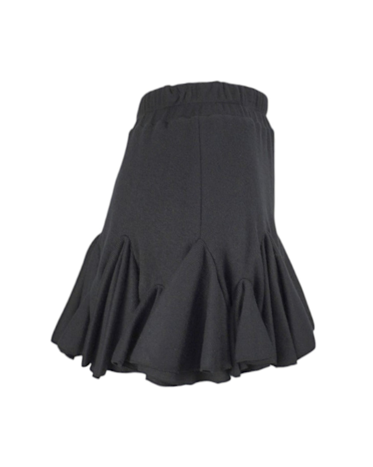 Fustă din jerse negru, cu multe volane și croială modernă, vedere laterală.