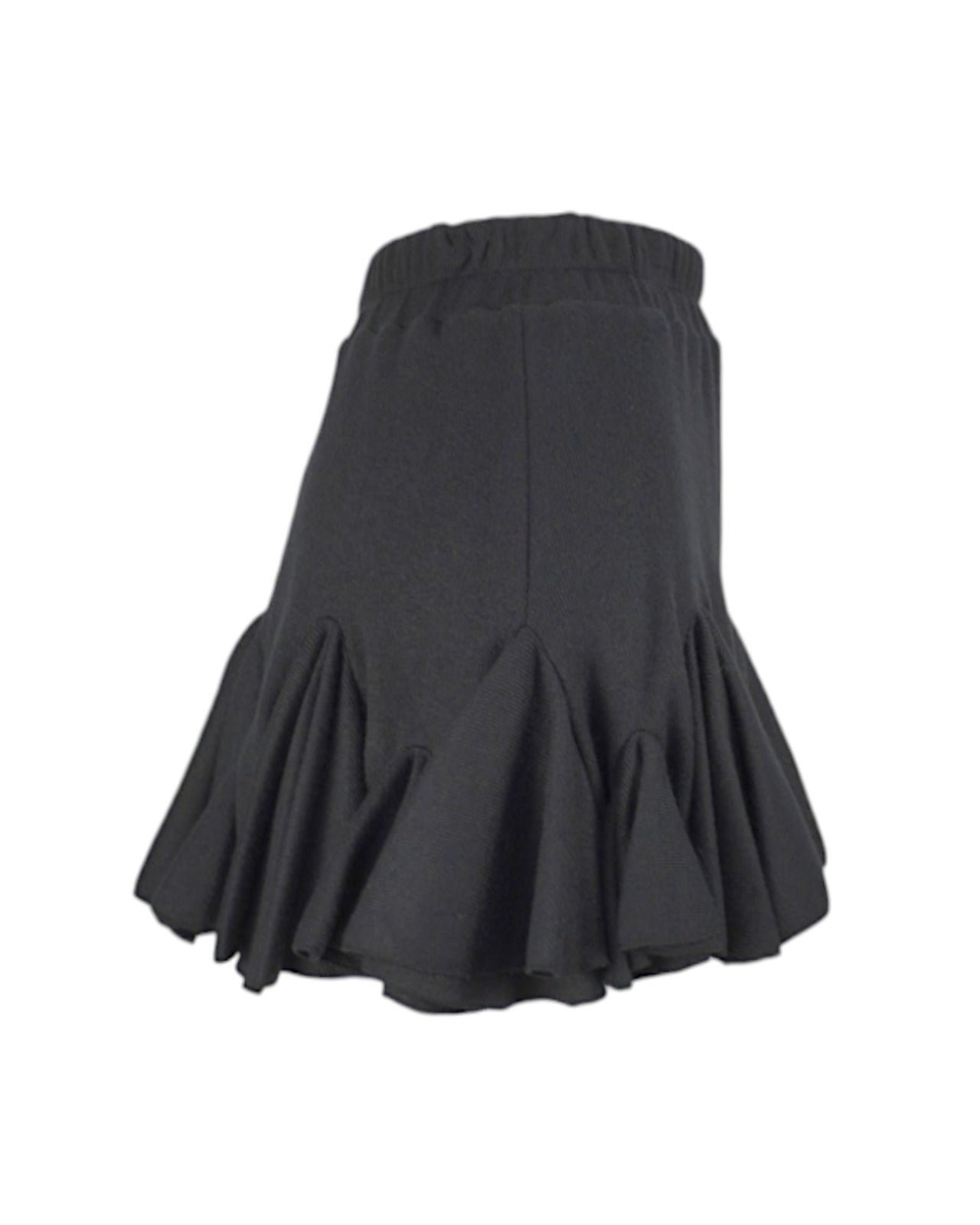 Fustă din jerse negru, cu multe volane și croială modernă, vedere laterală.