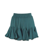 Fustă scurtă din jerse verde, cu talie elastică și multe volane, perfectă pentru un look casual chic.