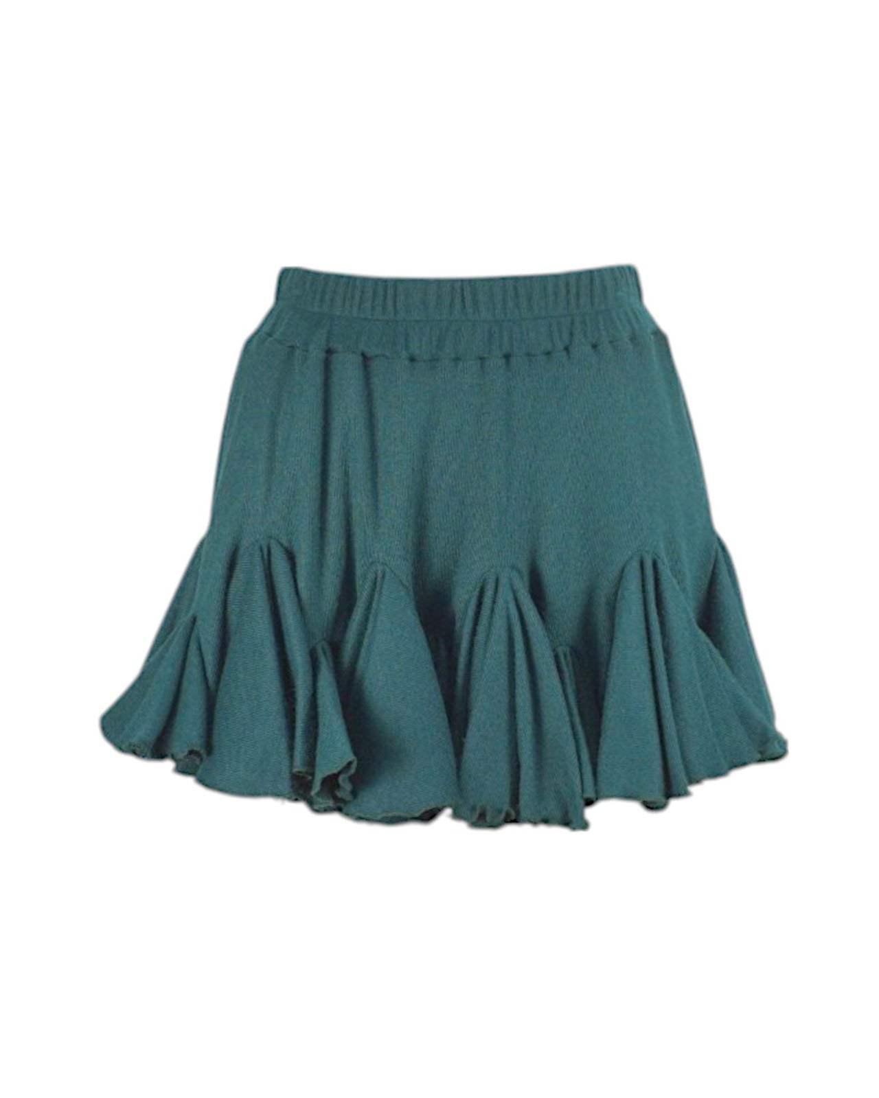Fustă scurtă din jerse verde, cu talie elastică și multe volane, perfectă pentru un look casual chic.