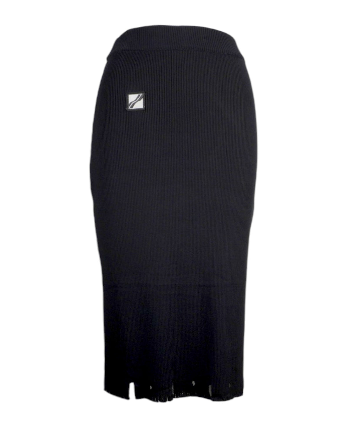 Fustă midi neagră din rib, talie înaltă, bandă elastică și design modern cu margini franjurate.