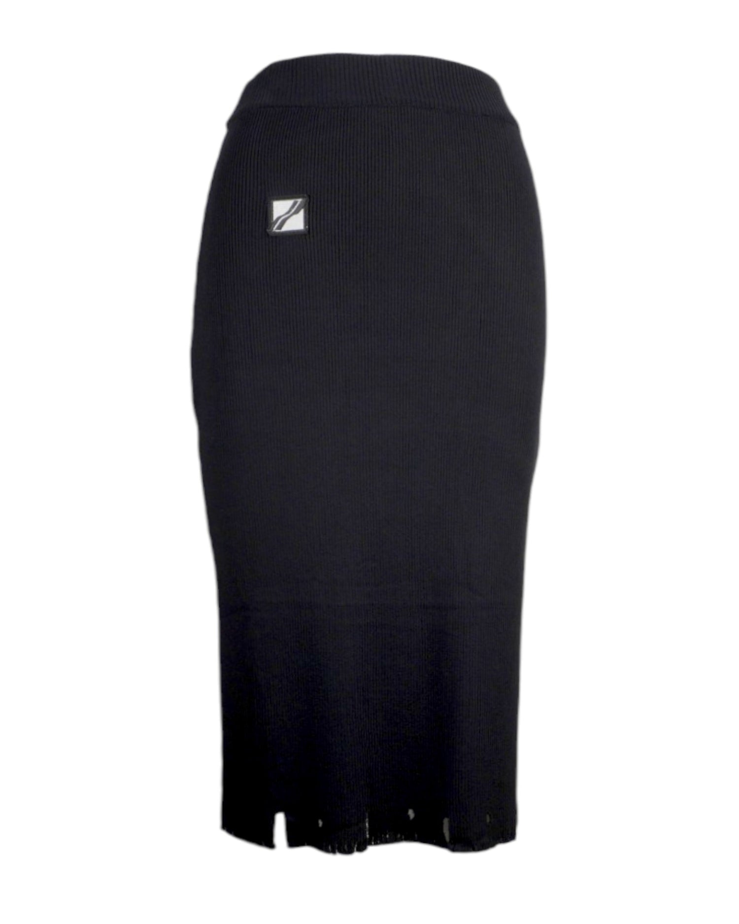 Fustă midi neagră din rib, talie înaltă, bandă elastică și design modern cu margini franjurate.