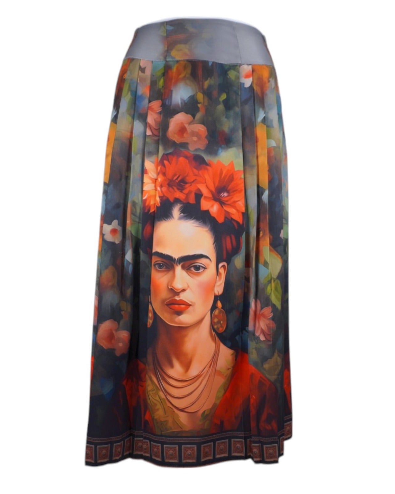 Imagine frontală a unei fuste midi cu imprimeu artistic Frida Kahlo, design inspirat și elegant