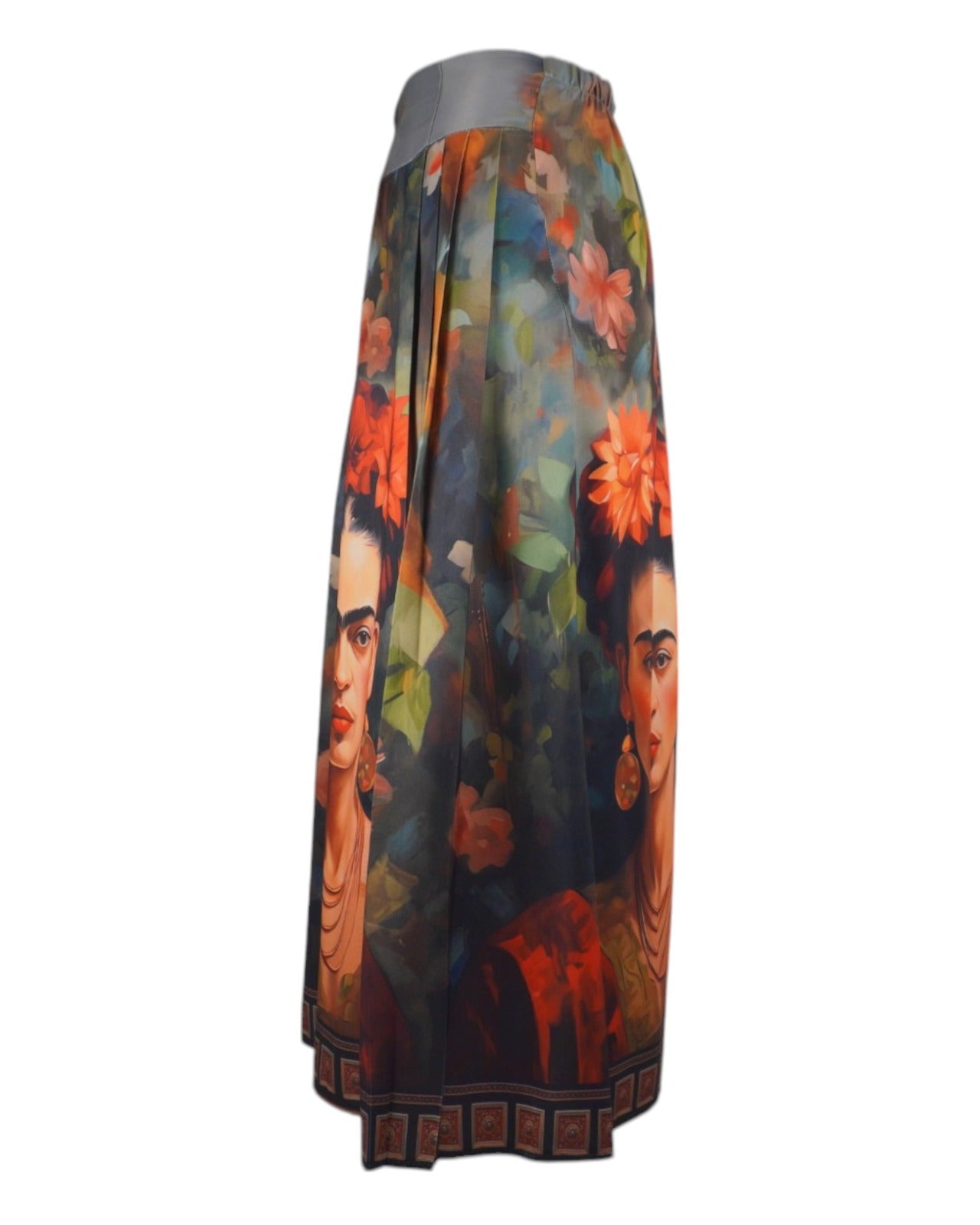Imagine laterală a unei fuste midi cu imprimeu artistic Frida Kahlo, detalii florale și culori vibrante.