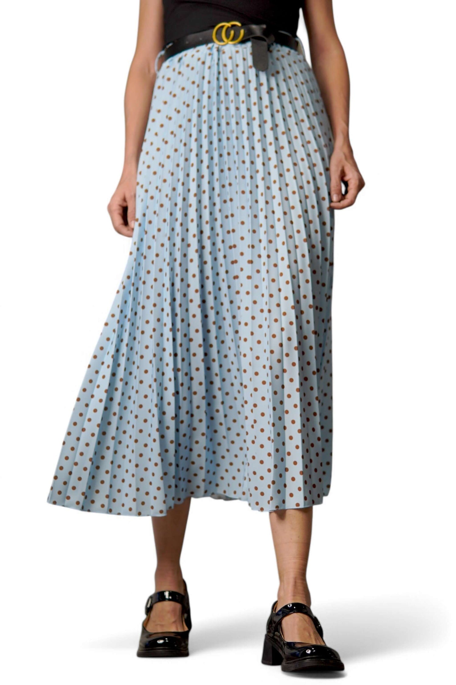 Fustă midi bleu cu buline maro, plisată elegant cu curea neagră