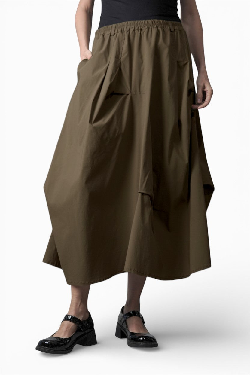 Fustă midi kaki cu croială balon, cu buzunare laterale și talie elastică