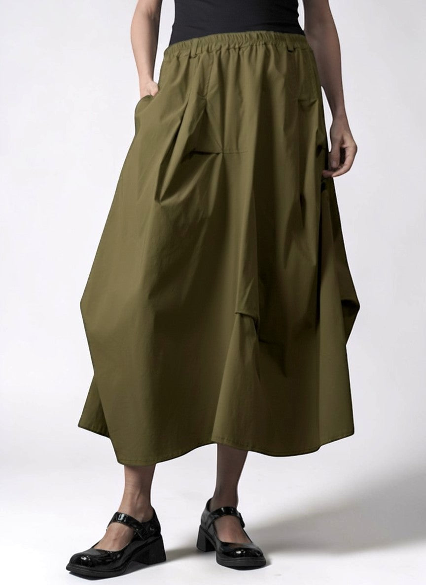 Fustă Midi Asimetrică  – Volum Cu Prinderi Și Un Buzunar Lateral