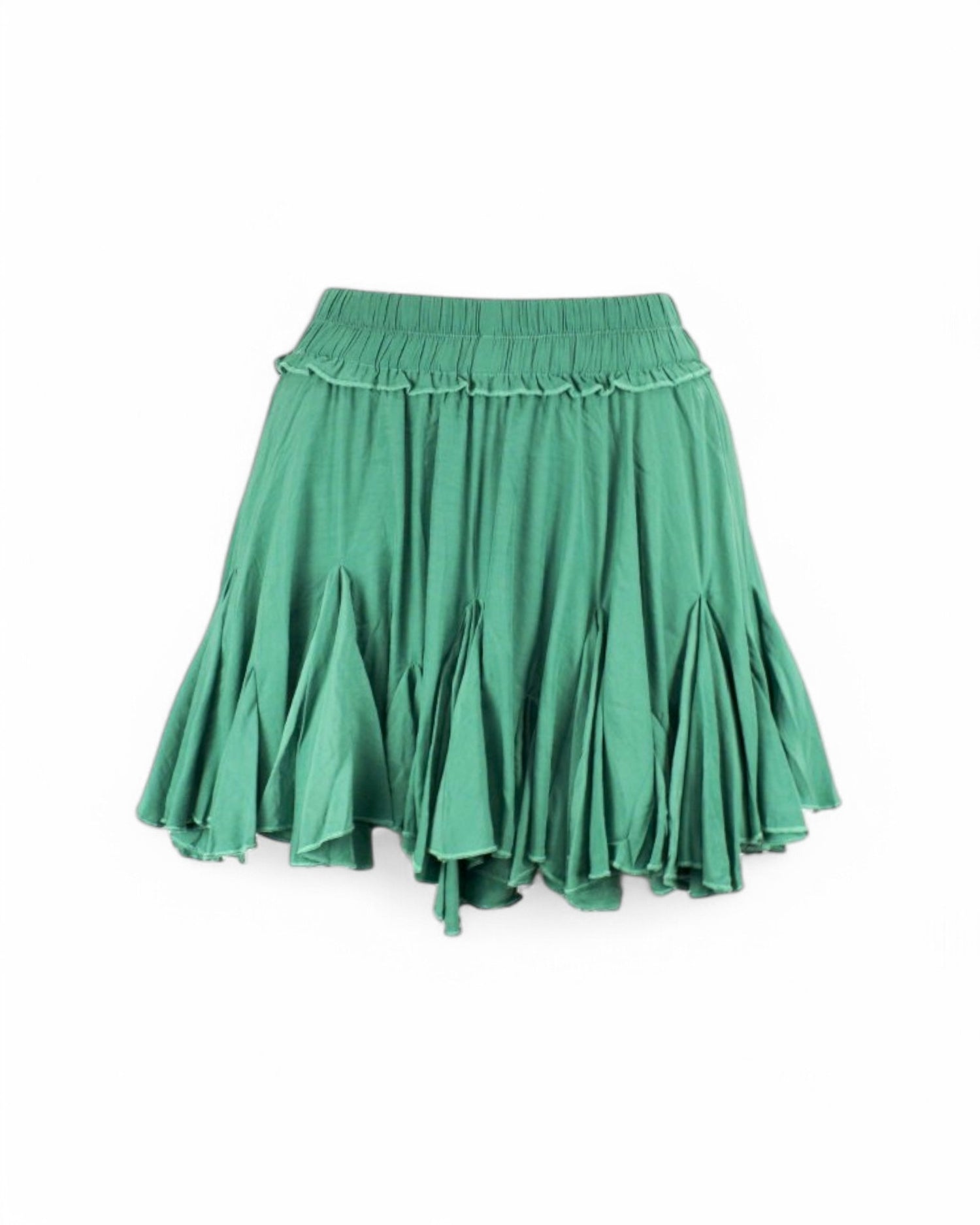 Fustă mini verde cu volane și talie elastică, perfectă pentru ținute casual și feminine.