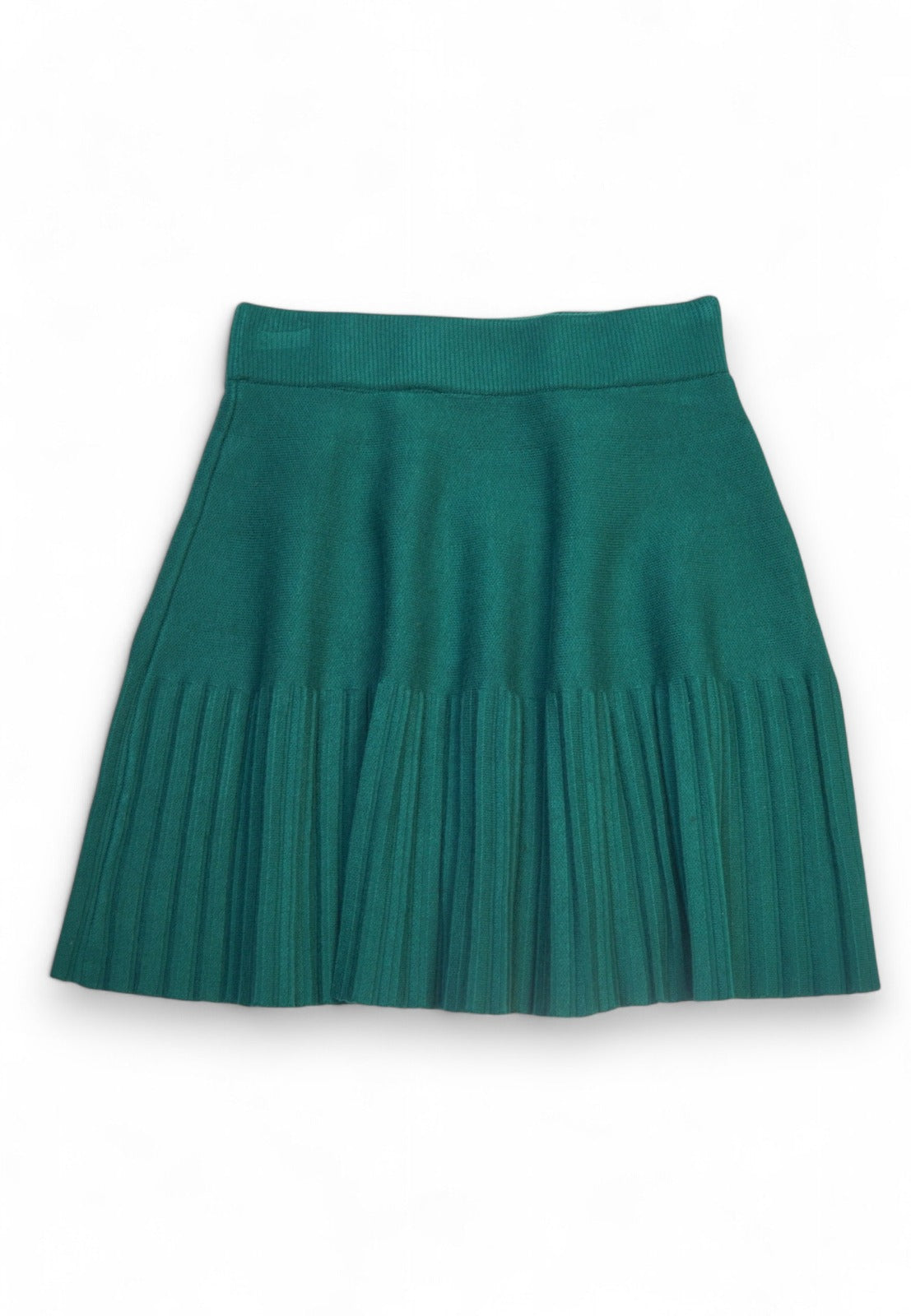 Fustă plisată de damă, culoare verde, cu talie elastică și textură rafinată.